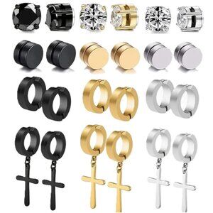 12 Pair - UniSex Stainless Steel Magnetic Non-Piercing Clip On Dangle Earring